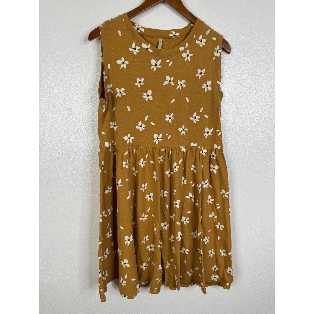 Rylee + Cru Women Mustard Yellow Floral Cotton Slub Sleeveless Mini Dress Medium